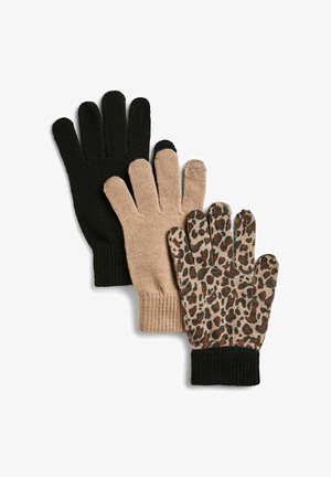 Tres pares de guantes: uno negro sólido, uno beige claro, y uno con estampado animal en tonos marrones y beige. Todos cuentan con puños acanalados y cinco dedos.