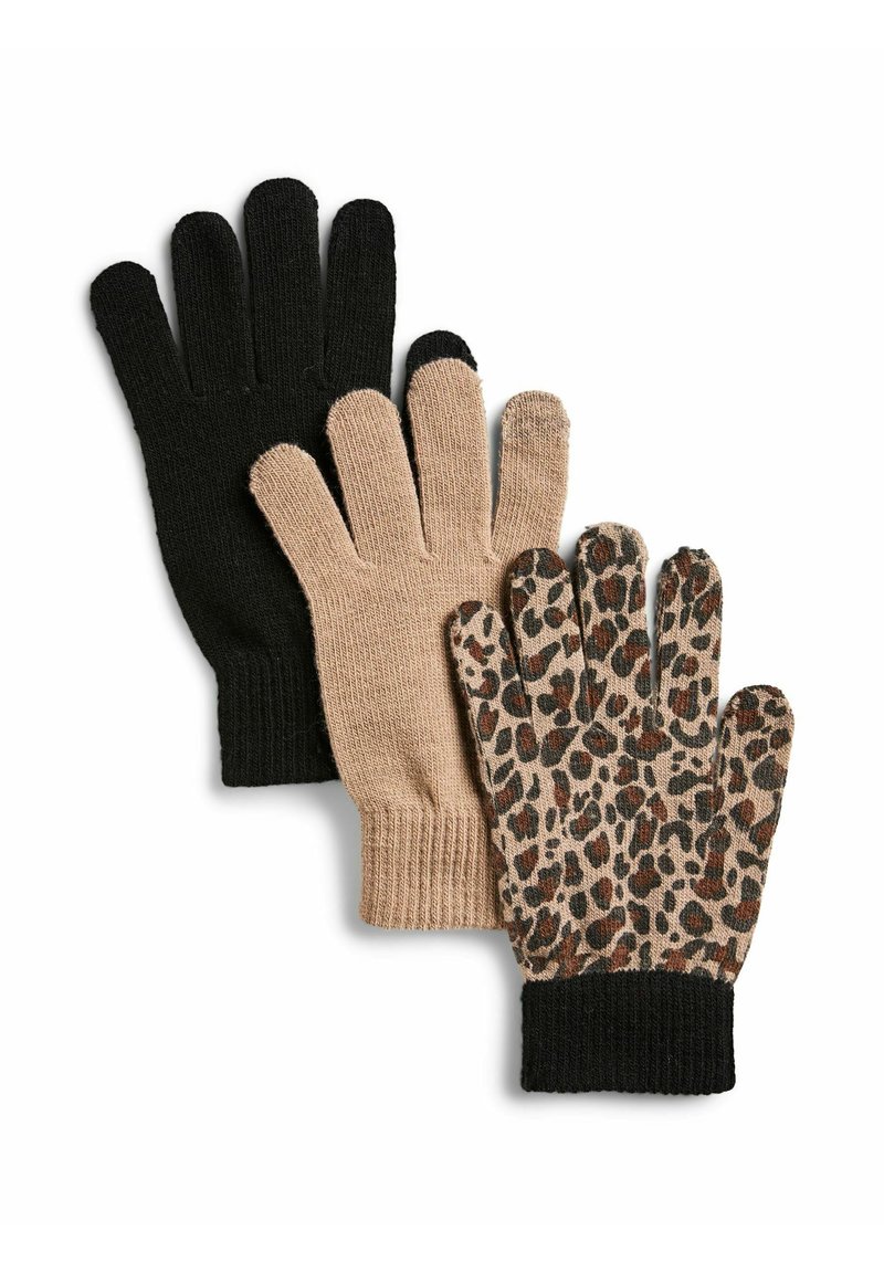 Tre paia di guanti: uno nero solido, uno beige chiaro e uno con stampa animale in tonalità marroni e beige. Tutti presentano polsini a coste e cinque dita.