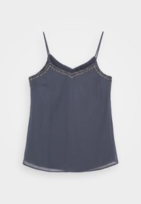 Camisole bleu foncé sans manches avec fines bretelles et détails de perles argentées le long du décolleté en V.