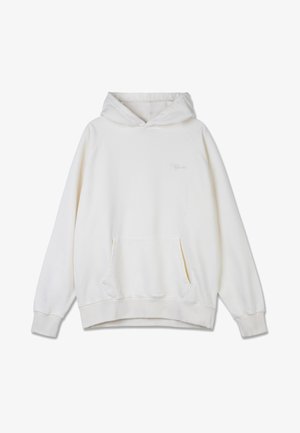 Bílé mikina s kapucí vyrobená z měkké bavlny. Obsahuje klokany kapsu, ribbed manžety a vyšitý logo na hrudi.