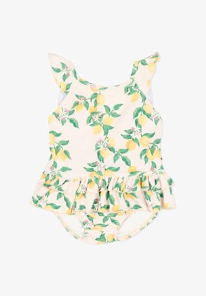 Strój kąpielowy w cytrynowy wzór z falbankami na rękawach, beżowym tłem i falbaną w talii. Ozdobiony zielonymi liśćmi i różowymi kwiatowymi akcentami.