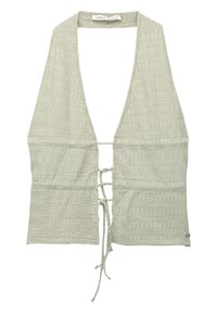Light green cropped top with a deep V-neck, textured fabric, and adjustable tie closure at the front. Open back design, no sleeves.