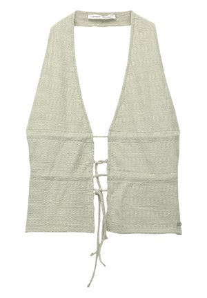 Lichtgroene cropped top met een diepe V-hals, gestructureerde stof en een verstelbare striksluiting aan de voorkant. Open rugontwerp, zonder mouwen.