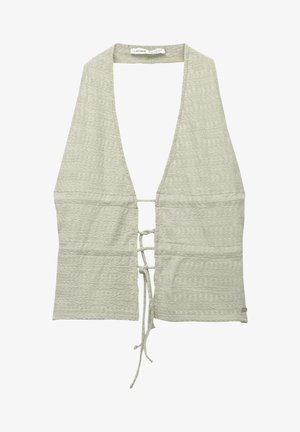 Lichtgroene cropped top met een diepe V-hals, gestructureerde stof en een verstelbare striksluiting aan de voorkant. Open rugontwerp, zonder mouwen.