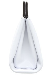 White synthetic handbag featuring a soft, foldable design, with a smooth texture and black, rounded clasps at the top for closure.