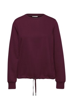 Burgundy huppari, jossa on pitkät hihat, pyöreä kaula-aukko ja säädettävä nyöri helmassa. Pehmeä rakenne ja rento istuvuus.
