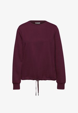 Sudadera burdeos de manga larga, con un cuello redondo y cordón ajustable en el dobladillo. Textura suave con un corte casual.