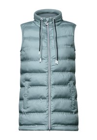Leichte, ärmellose Steppweste in einem sanften blau-grauen Farbton. Mit hohem Kragen, Reißverschluss und elastischem Kordelzug mit Gummispitzen.