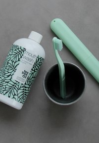 Eine Flasche Mundspülung mit einem Etikett im Blattmuster, eine hellgrüne Zahnbürste in einem dunklen Keramikkopf und einem mintfarbenen Reise-Zahnbürstenetui.