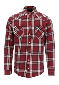 Chemise à carreaux rouge et blanc à manches longues, deux poches poitrine, fermeture par boutons et col classique. Matière en coton avec une texture douce.