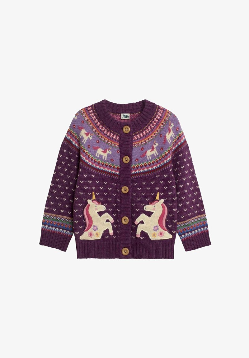 Pletený cardigan v purpurovej farbe s motívmi jednorožcov. Má okrúhly výstrih, päť drevených gombíkov a multikolorovú vzorovanú pobočku a manžety.