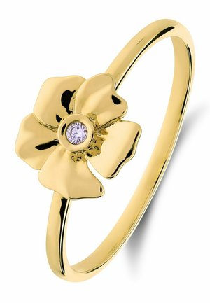 Gold ring with a flower-shaped design featuring five rounded petals and a small round light purple gemstone at the center.