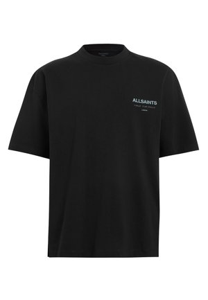 Čierne bavlnené tričko s okrúhlym výstrihom a krátkymi rukávmi. Na ľavej hrudi má malé logo "ALLSAINTS" vo svetlomodrej farbe.