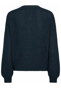 Tumma laivansininen paksu neulepaita, jossa on pitkät hihat ja ribbaus hihansuissa ja helmassa, näkyy takaa.