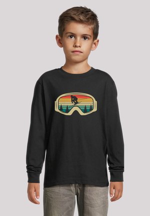 Schwarzes Langarmshirt mit einem bunten Grafikdesign von Skibrillen, das einen Sonnenuntergang und Bäume zeigt; aus weichem Baumwollmaterial, lockere Passform.