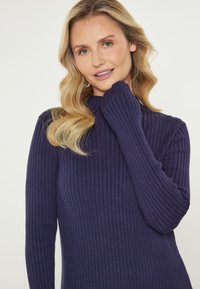 Marineblaues geripptes Sweater mit hohem Kragen und langen Ärmeln, ausgestattet mit einer weichen Textur und enganliegender Silhouette.