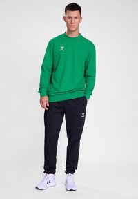 Felpa verde a maniche lunghe con logo, abbinata a pantaloni sportivi neri con logo, completata da scarpe da ginnastica bianche. Tessuto semplice e textured.
