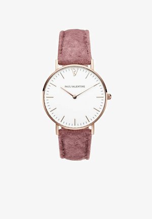 Runde Uhr mit weißem Zifferblatt, roségoldenen Zeigern und pinkem Samtarmband. Minimalistisches Design mit dünnen Stundenmarkierungen.