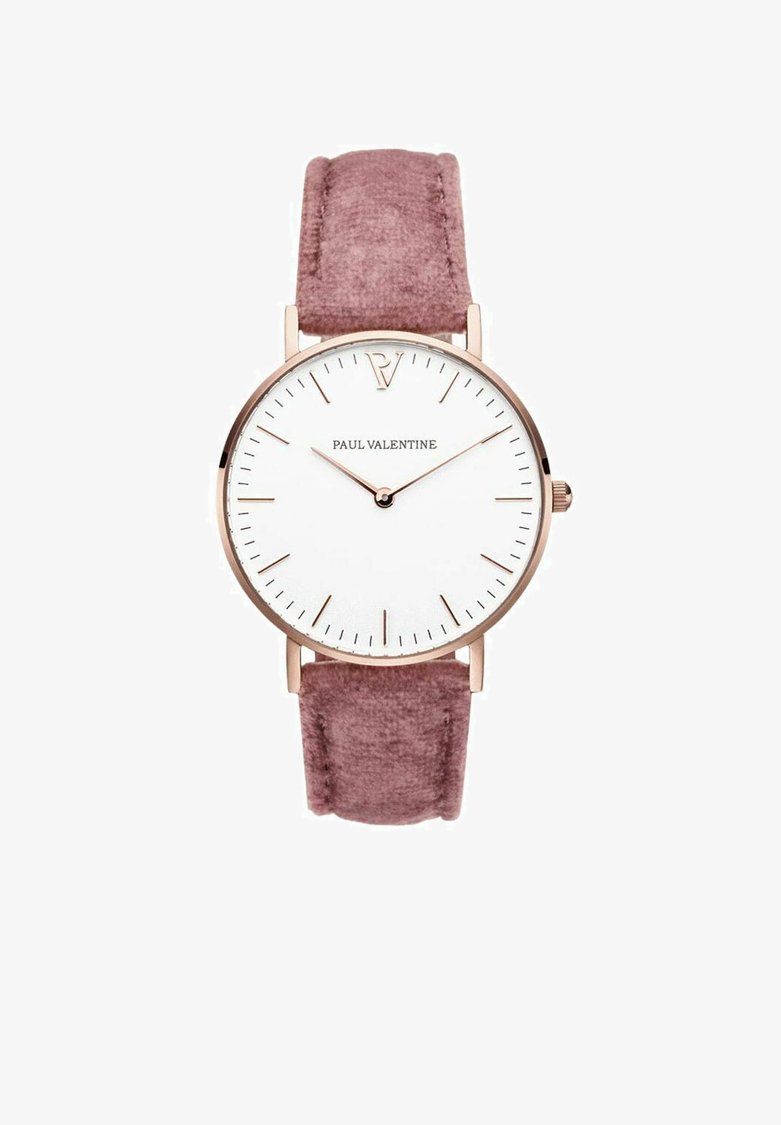 Runde Uhr mit weißem Zifferblatt, roségoldenen Zeigern und pinkem Samtarmband. Minimalistisches Design mit dünnen Stundenmarkierungen.