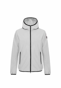 Ljust grå jacka med huva, svart dragkedja och sidofickor. Har elastiska ärmslut och nederkant för en säker passform. Slät, matt textur.