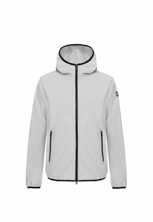Light grey jacket with a hood, black zipper, and side pockets. Features elastic cuffs and hem for a secure fit. Smooth, matte texture.