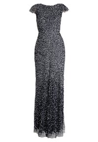 Večerní šaty až na zem černé barvy s ozdobami z stříbrných flitrů, krátkými volánkovými rukávy a přiléhavým střihem.