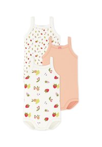 Τρία κορμάκια με τιράντες: ένα λευκό με σχέδιο φρούτων, ένα κρεμ με λουλουδάτο σχέδιο και ένα μονόχρωμο ροδακινί. Κάθε ένα έχει λεπτές τιράντες και κουμπώματα με τρουκς.