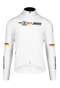Veste de cyclisme blanche à manches longues, avec fermeture éclair à l'avant et accents noirs. Présente les logos Bioracer et BDR, ainsi que des rayures colorées sur la poitrine.