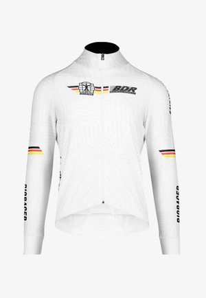 Veste de cyclisme blanche à manches longues, avec fermeture éclair à l'avant et accents noirs. Présente les logos Bioracer et BDR, ainsi que des rayures colorées sur la poitrine.