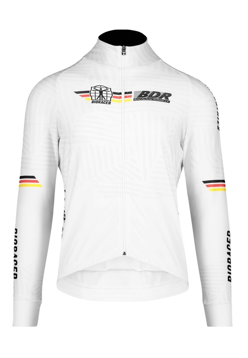 Veste de cyclisme blanche à manches longues, avec fermeture éclair à l'avant et accents noirs. Présente les logos Bioracer et BDR, ainsi que des rayures colorées sur la poitrine.