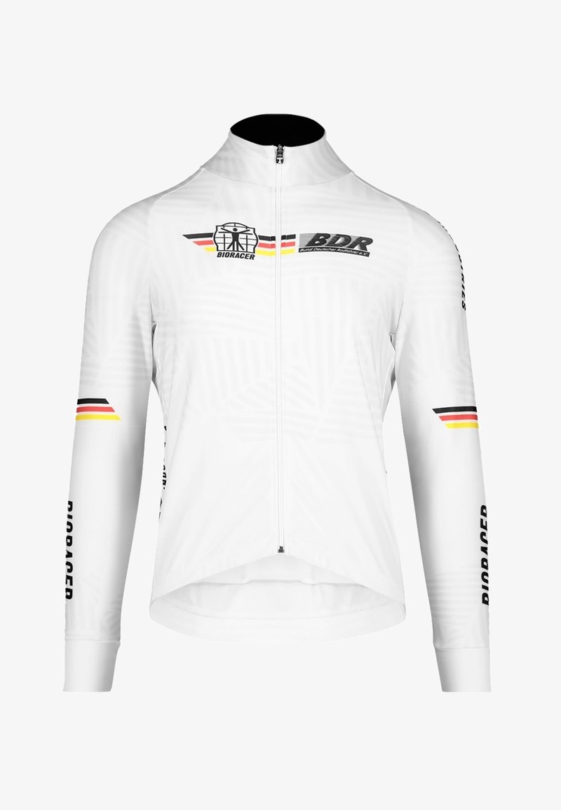 Veste de cyclisme blanche à manches longues, avec fermeture éclair à l'avant et accents noirs. Présente les logos Bioracer et BDR, ainsi que des rayures colorées sur la poitrine.