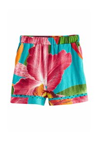 Pantaloni corti a stampa floreale con vivaci colori rosa, arancione e verde su sfondo azzurro chiaro, dotati di fascia elastica in vita e orlo scallop.