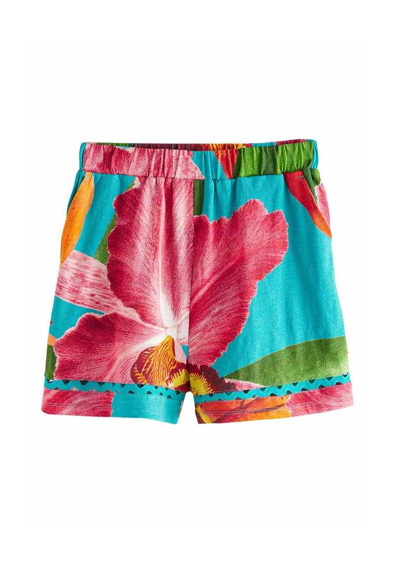 Pantaloni corti a stampa floreale con vivaci colori rosa, arancione e verde su sfondo azzurro chiaro, dotati di fascia elastica in vita e orlo scallop.