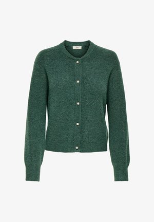 Grøn strikket cardigan med krave, udstyret med lukning foran med knapper og perle-lignende knapper. Blød tekstur med ribbet detaljering ved ærmerne.