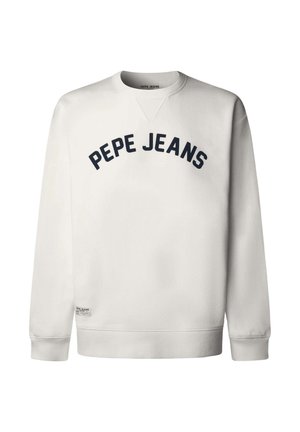 Sudadera de color crema con escote redondeado, puños y dobladillo acanalados, con el texto "PEPE JEANS" en azul marino en el pecho. Textura suave, diseño casual.