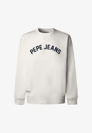 Kreemjas pusa ümarate kaelusega, soonikkoes varrukate ja alaosaga, mille rinnal on sinises tekstis "PEPE JEANS". Pehme tekstuur, vabaaja disain.