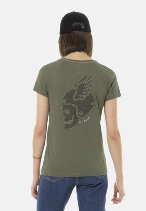 COL V FLAMMÉ AVEC DEVANT ET MOTIF AU DOS - T-shirt imprimé - kaki