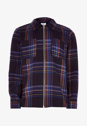 Ciemna koszula zapinana na zamek w kratę z niebieskimi, czerwonymi i żółtymi paskami, dwie kieszenie na piersi, długie rękawy i kołnierz.