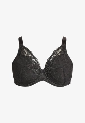 Underwire bra in black lace with floral pattern. Soft fabric cups, adjustable straps, and detailed stitching on the edges.