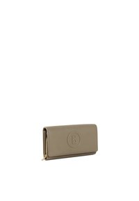 Portafoglio in pelle genuina beige con una finitura testurizzata, caratterizzato da un logo impresso sulla parte anteriore e una sezione con zip per le monete.