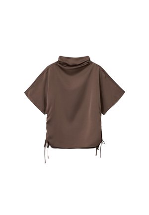 Brązowy krótki top z luźnym krojem, wysokim kołnierzem i regulowanymi bocznymi sznurkami, pokazany od tyłu na białym tle.