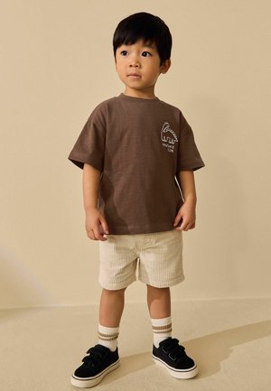 Young boy stands facing slightly right wearing a brown dinosaur graphic t-shirt, light corduroy shorts, striped socks, and black sneakers.