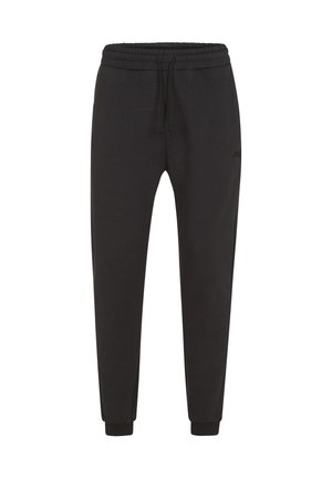 Pantaloni della tuta neri realizzati in tessuto misto cotone. Presentano gambe svasate, vita elastica con cordino e polsini a coste. Branding minimale.