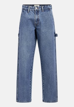 Blue denim cargo pants with a straight fit, featuring side pockets and a button closure. Notable fading and contrasting stitching.