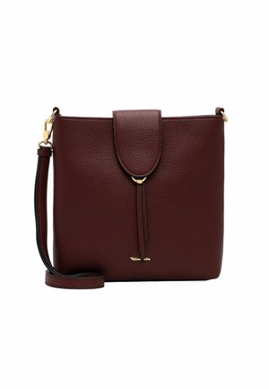 Borsa a tracolla in pelle testurizzata marrone scuro con chiusura a patta e ferrature dorate, inclusa tracolla removibile e piccolo dettaglio logo.