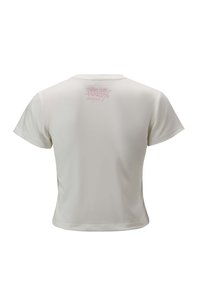 White short-sleeve t-shirt with a fitted design, featuring a pink logo on the back. Smooth fabric with a classic crew neck.