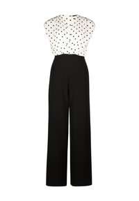 Black wide-leg jumpsuit with a white, polka-dot blouse top. The upper portion features a gathered neckline and button closure at the back.