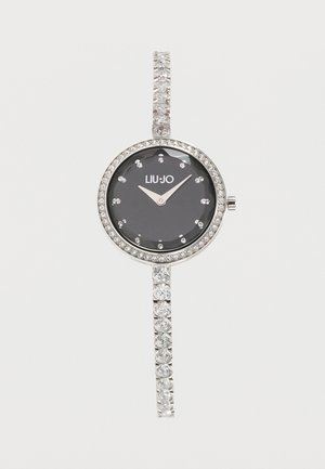 Orologio da polso argento con quadrante nero, indici delle ore in cristallo e ghiera e cinturino tempestati di cristalli, che segna le 10:10.