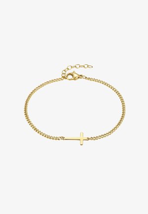 Bracelet en or à motif chaîne, doté d'un pendentif croix verticale. Fermoir mousqueton avec une chaînette d'extension réglable.