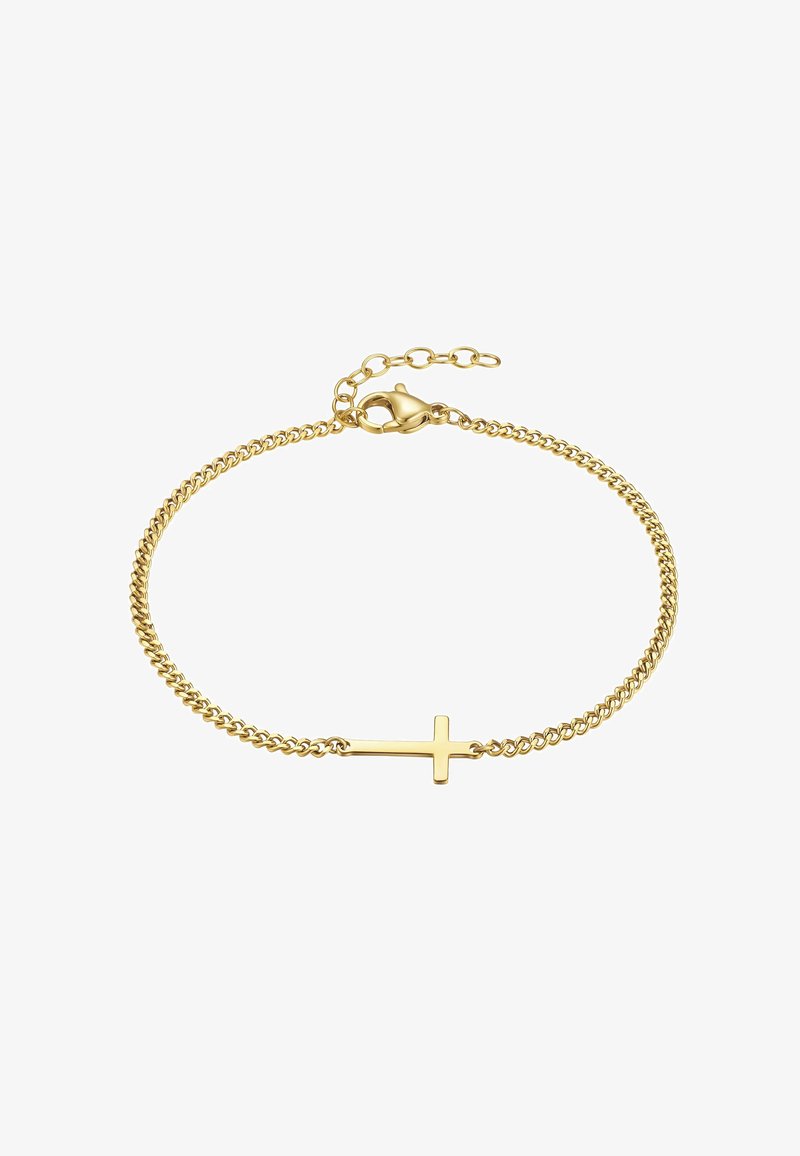 Pulsera de oro con diseño de cadena, que incluye un charm de cruz vertical. Cierre de langosta con una extensión de cadena ajustable.
